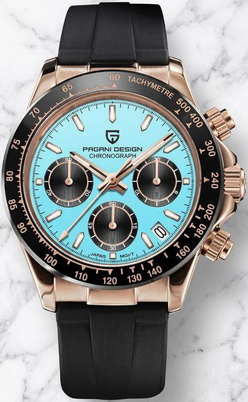 Men’s Quartz Movement 40mm Watch Ceramic Bezel Silicone Strap Tiffany Blue Dial