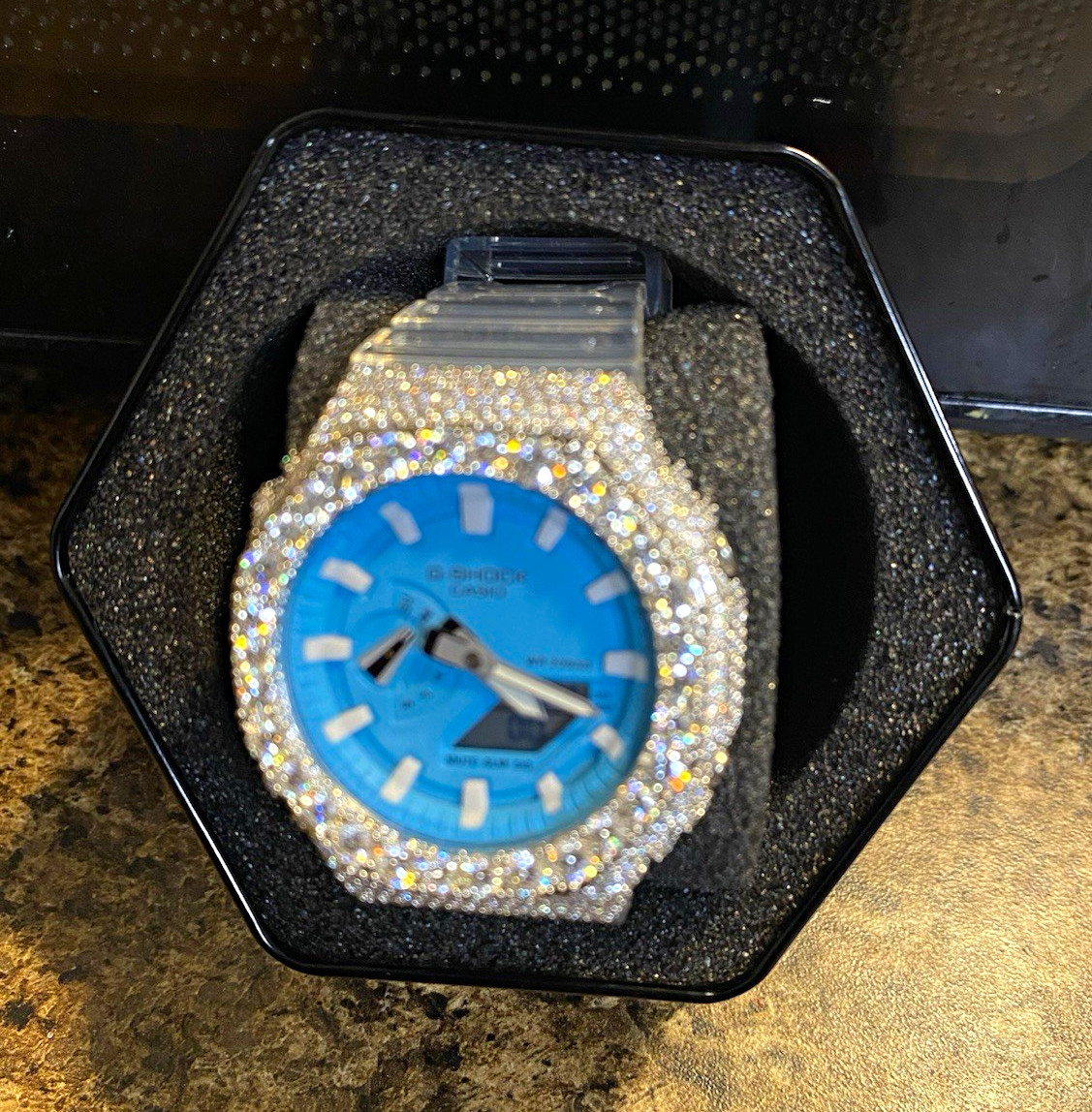 G-SHOCK Casio Analog/Digital Blue Dial Clear Resin Strap 200m WR Watch Box