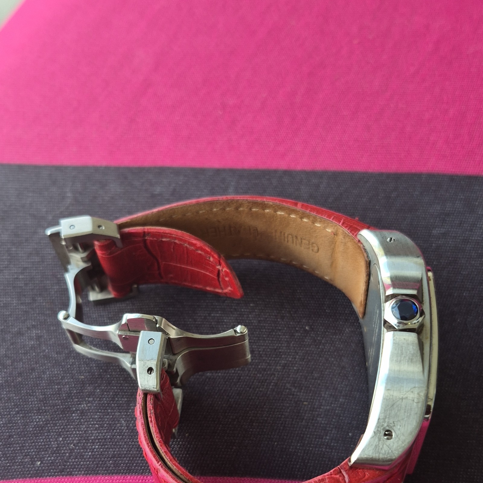 Cartier Santos Automatic Square Silver Watch White Roman Dial Red Strap