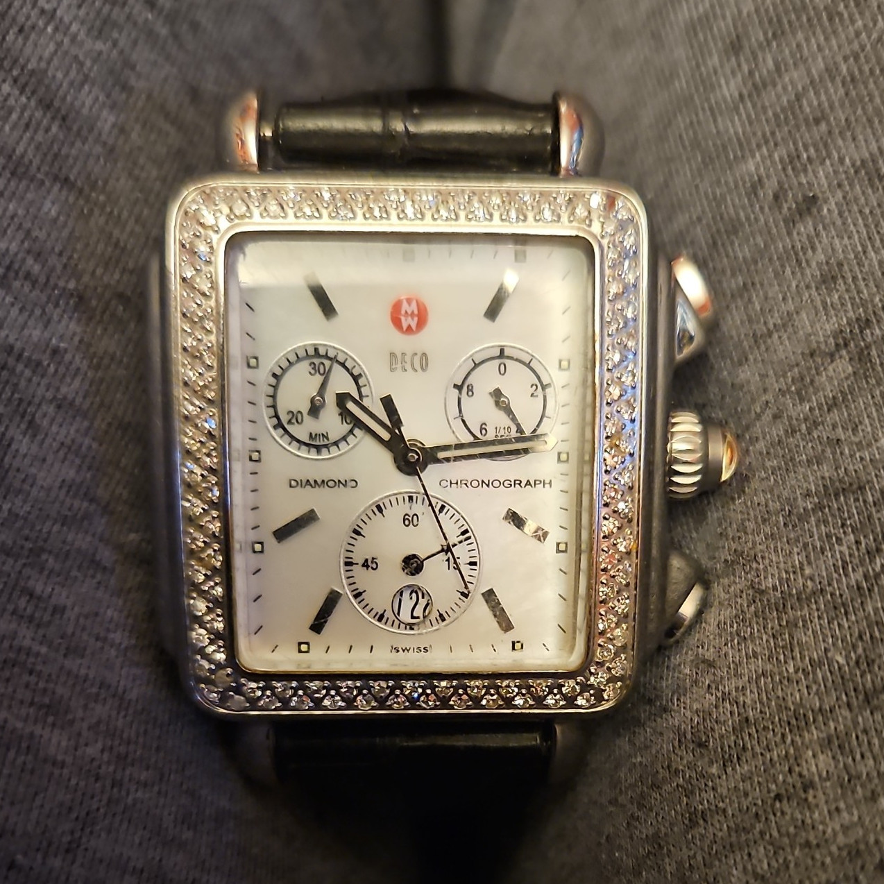 Michele Deco Diamond Bezel Chronograph Date Quartz White Dial 33mm 5ATM