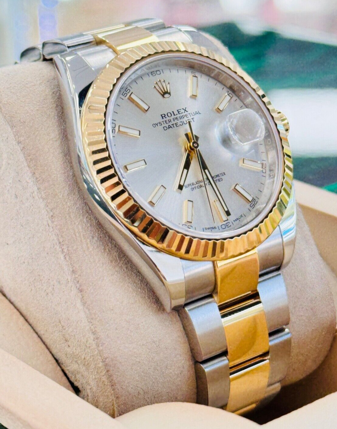 Rolex Datejust 126333 Silver Stick Dial 18k Yellow Gold Steel Oyster Band Watch