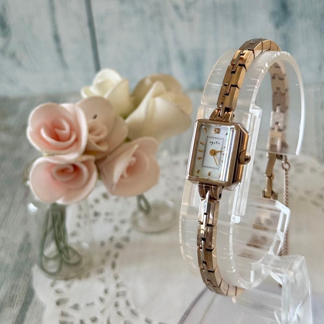 Agete Champagne Gold Diamond Quartz Wristwatch Japan Ladies 0712180