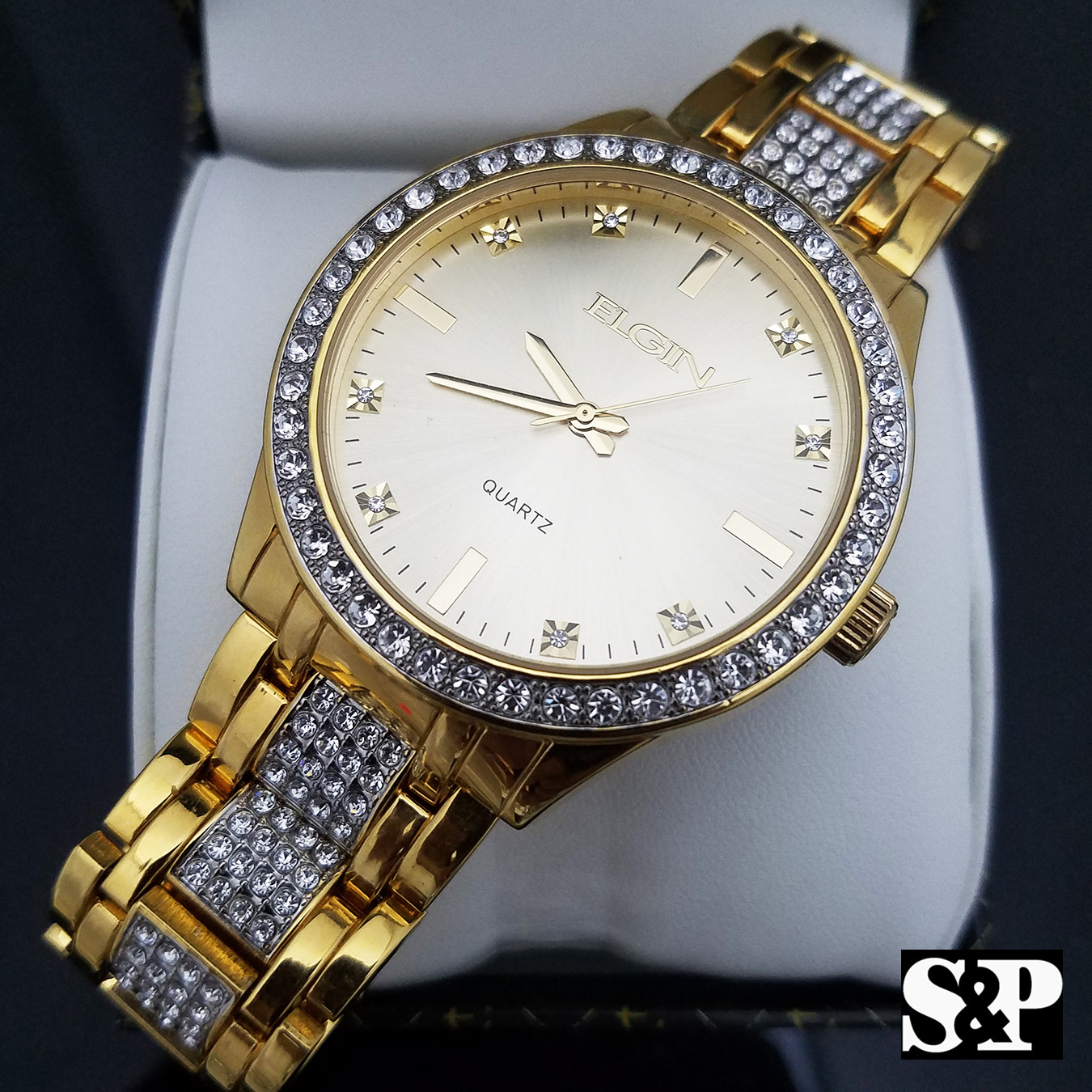 Mens Elgin Luxury Elegant Gold Genuine Diamonds Dress Stainless Steel Watch
