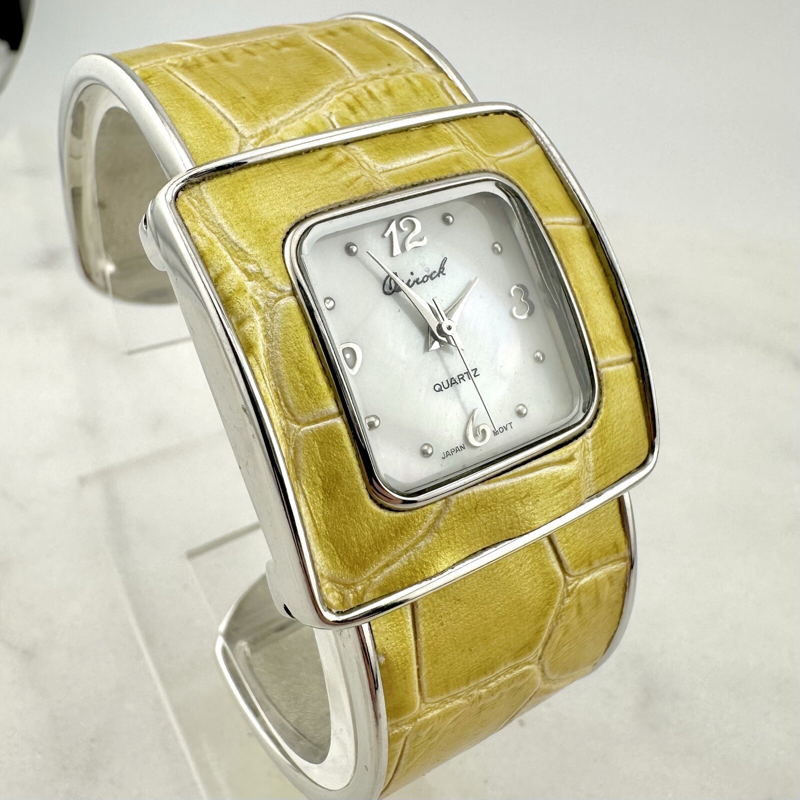 Osirock Watch Mother of Pearl Dial Yellow Reptile Hinged Cuff – Has New Battery