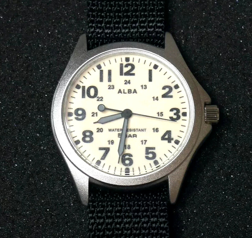 SEIKO ALBA Military White Field Watch AQPK401 Quartz Full Luminous Dial New