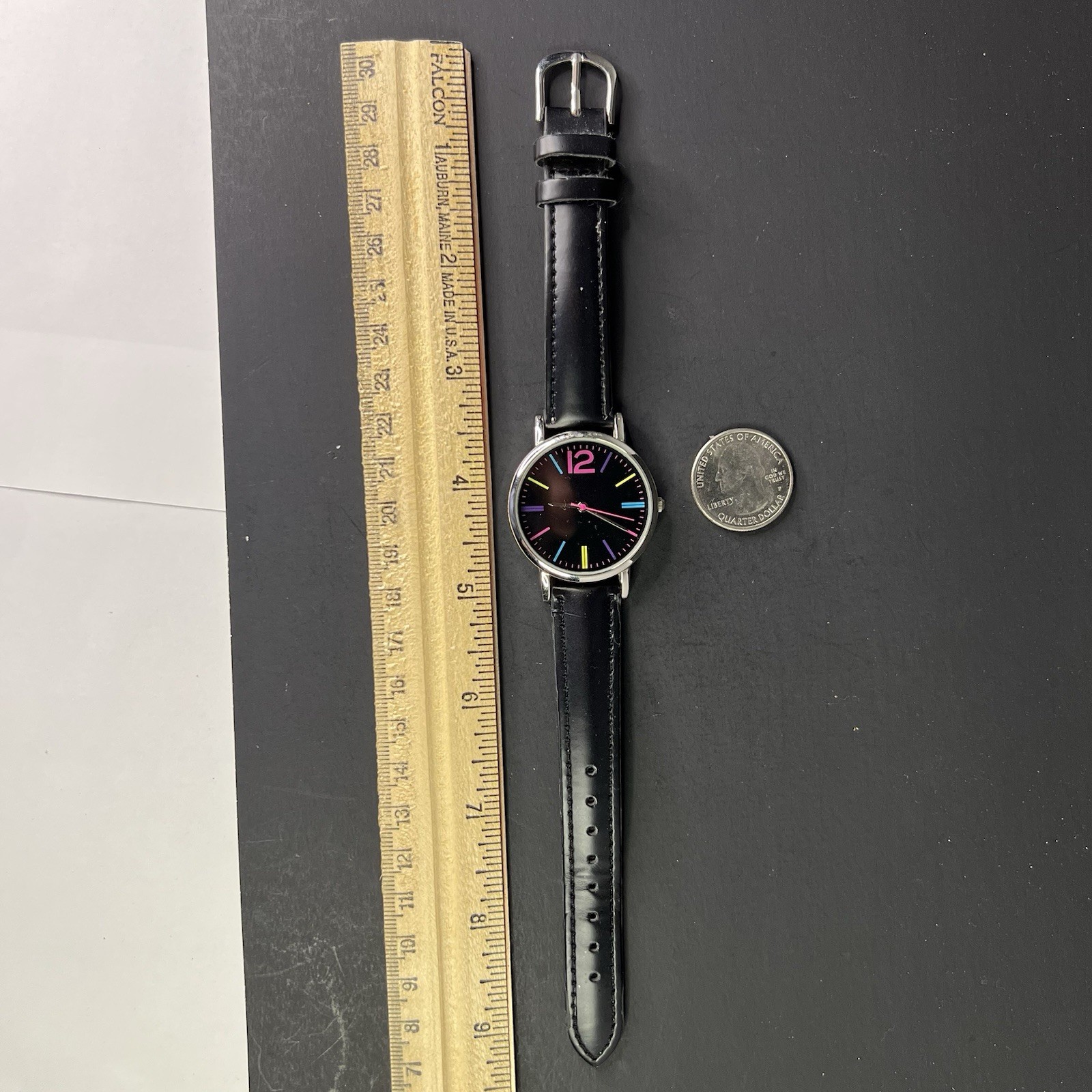 FMD 38mm Silver Case Black FUN Dial Multi Color Stick Indices Pink Second Hand