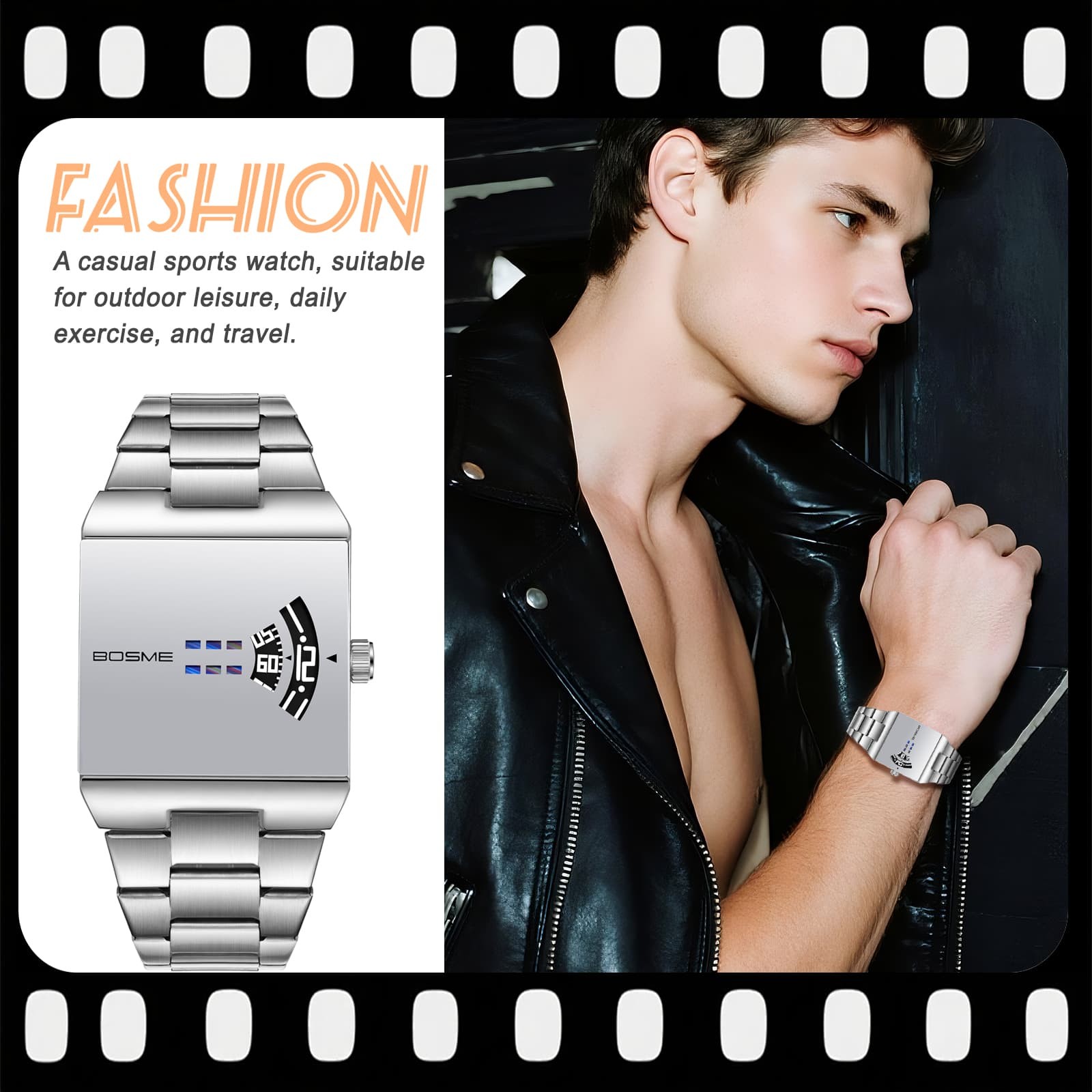 Men’s Y2K Square Handless Dial Adjustable Stainless Steel Strap Band Wrist Watch