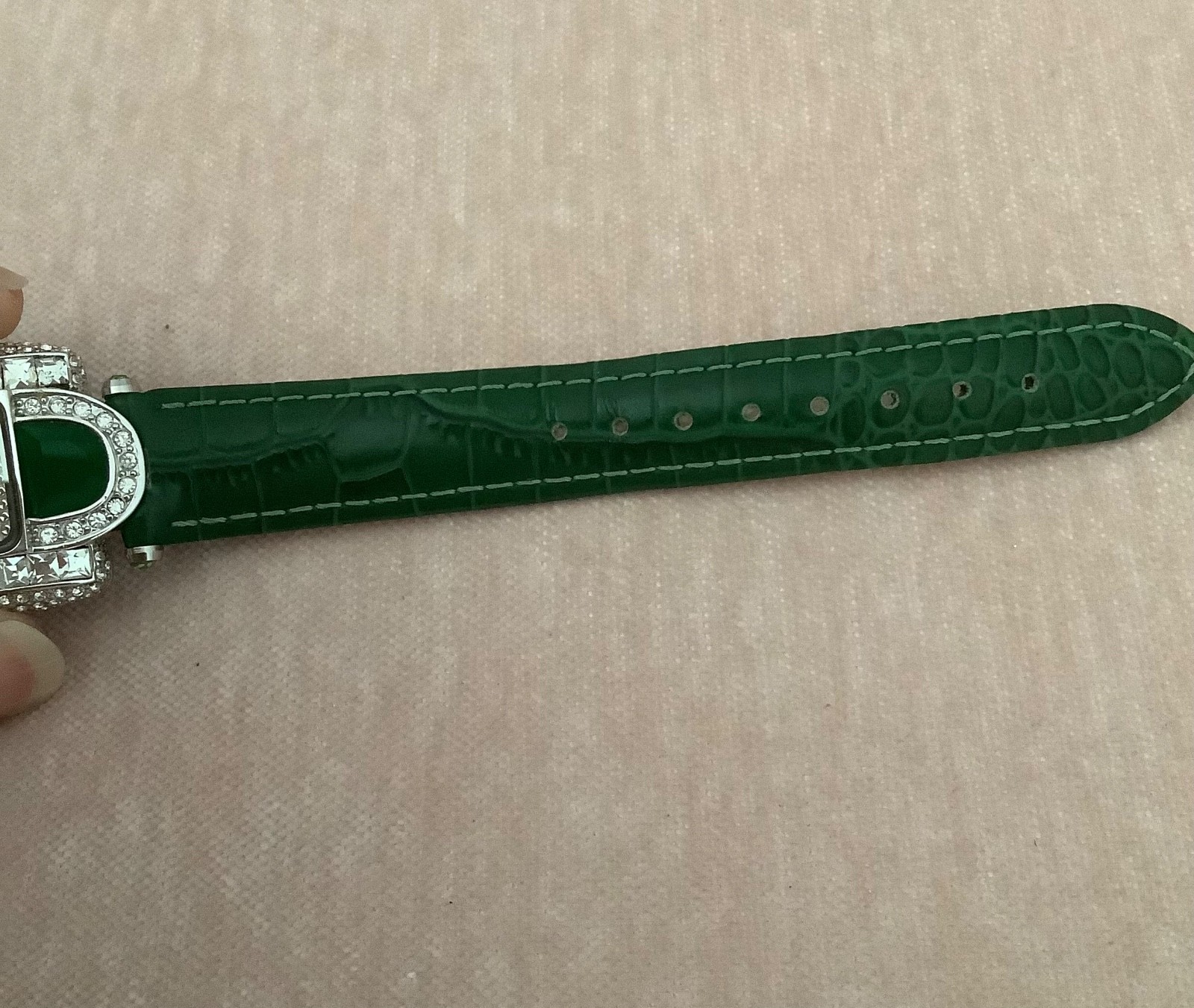 Adrienne Designer Collection Square Rhinestone Ladies Green Leather Band Watch