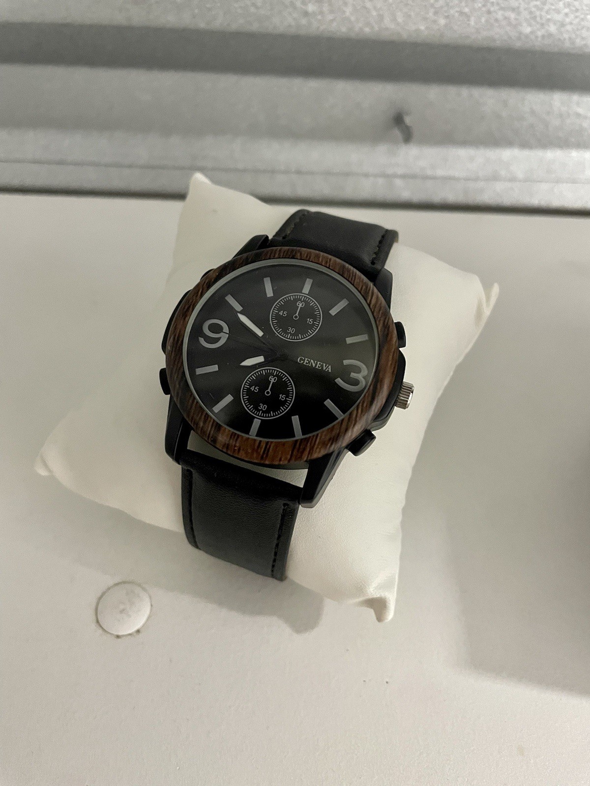 Geneva – Battery Powered Wrist Watch – Wood Textured Case – Black Leather Strap