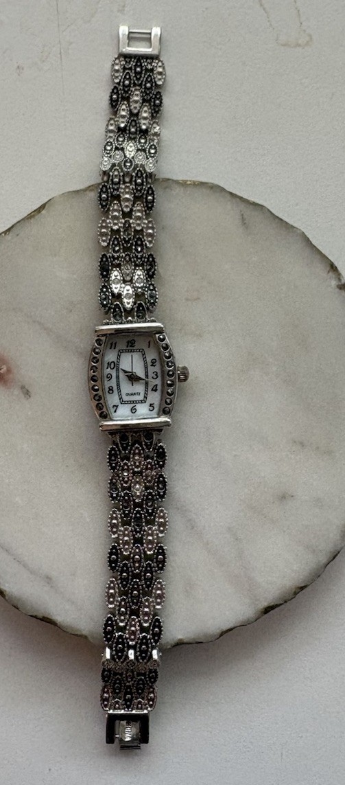 M. Z. Berger Marcasite Watch Silver Tone White Dial Ornate New Battery 6.75”