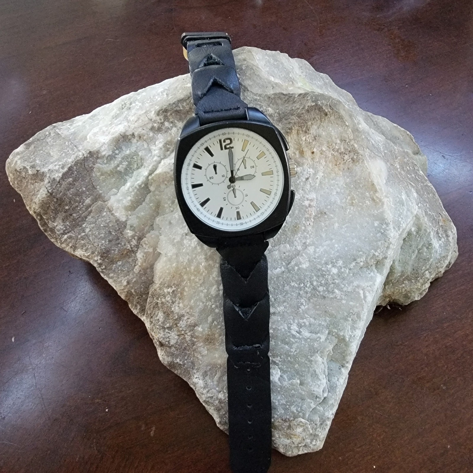 Vintage Watch Black Chronograph Style Watch White Dial Leather Strap Japan Movt
