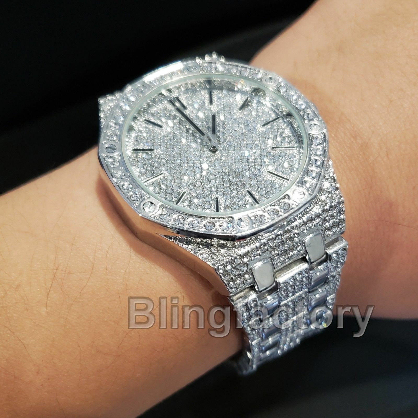 Men Luxury Silver Plated Stainless Steel Bling Simulated Diamond Bracelet Watch