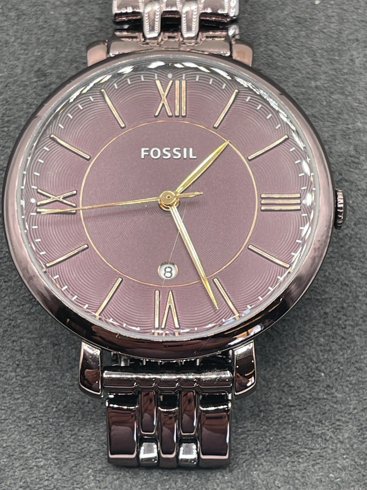 Fossil ES4100 Women’s Quartz Analog Watch Purple SS Bracelet Date 30m-working .