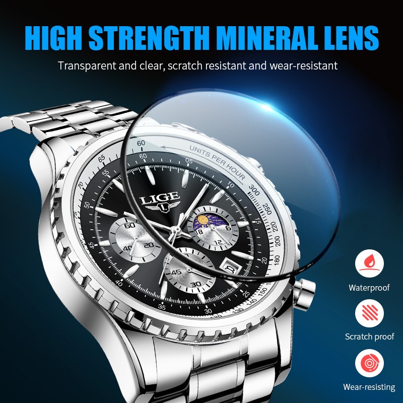 LIGE Men Watch Quartz Date Luminous Chronograph Waterproof Stainless Steel Watch