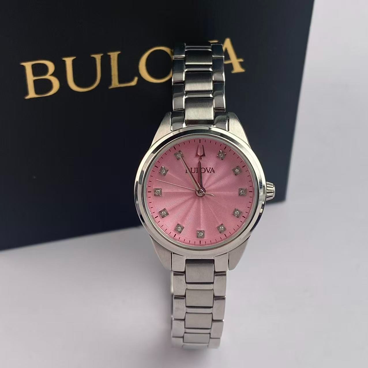New Bulova Sutton 96P249 Pink Dial Stainless Steel Women’s Quartz Watch 28 mm