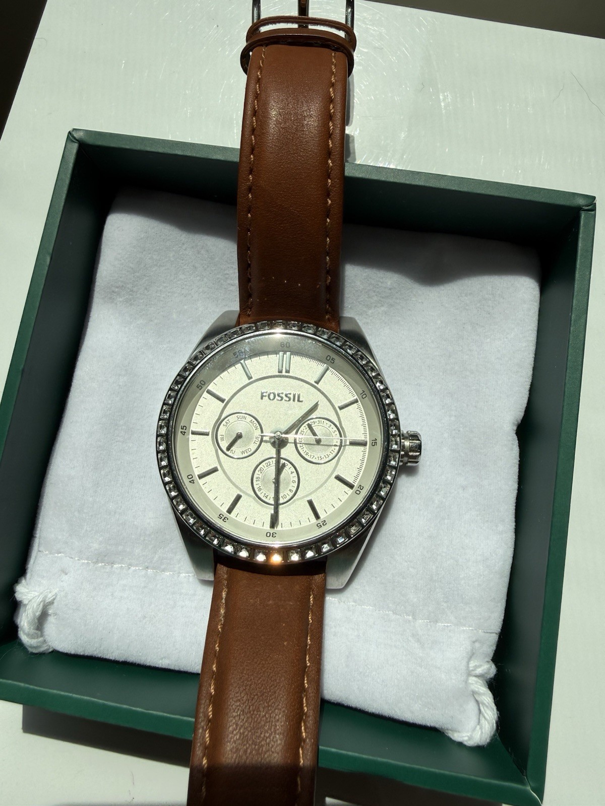 Fossil BQ3015 Women’s 38mm Quartz Silver Dial Brown Leather Strap Watch
