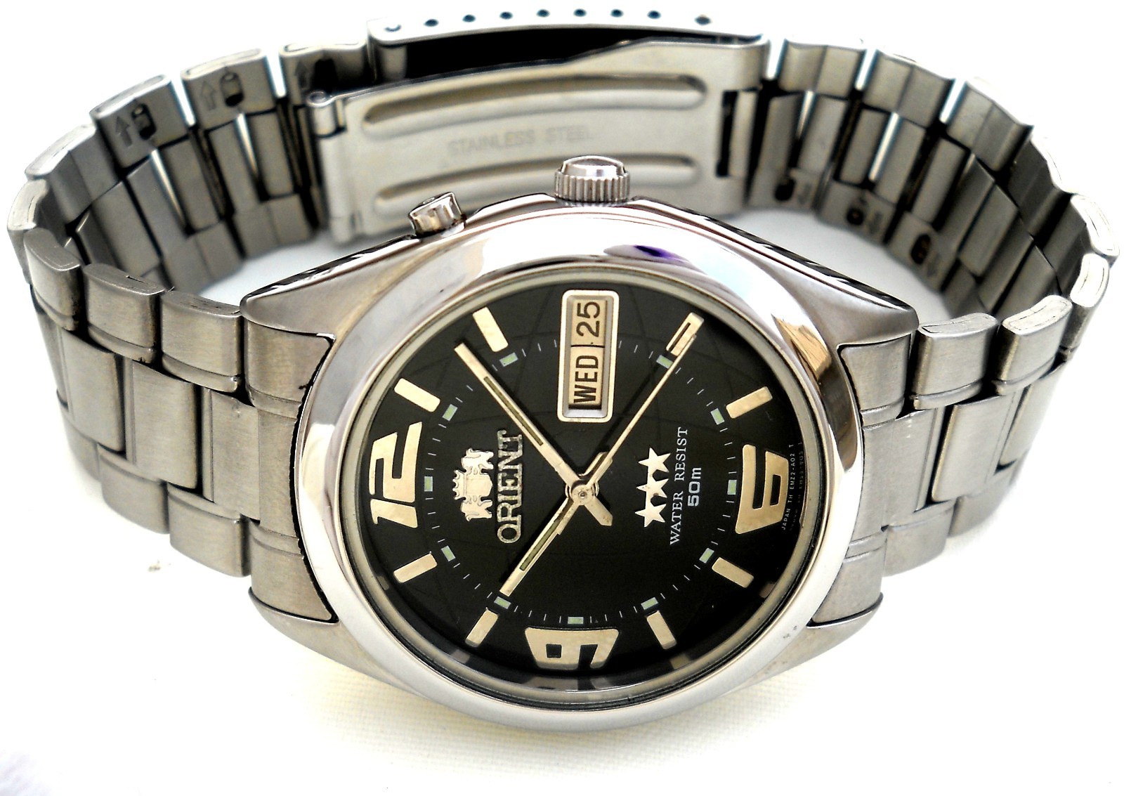 Vintage Orient 3 Star Automatic Watch Black Textured Dial Day Date Japan