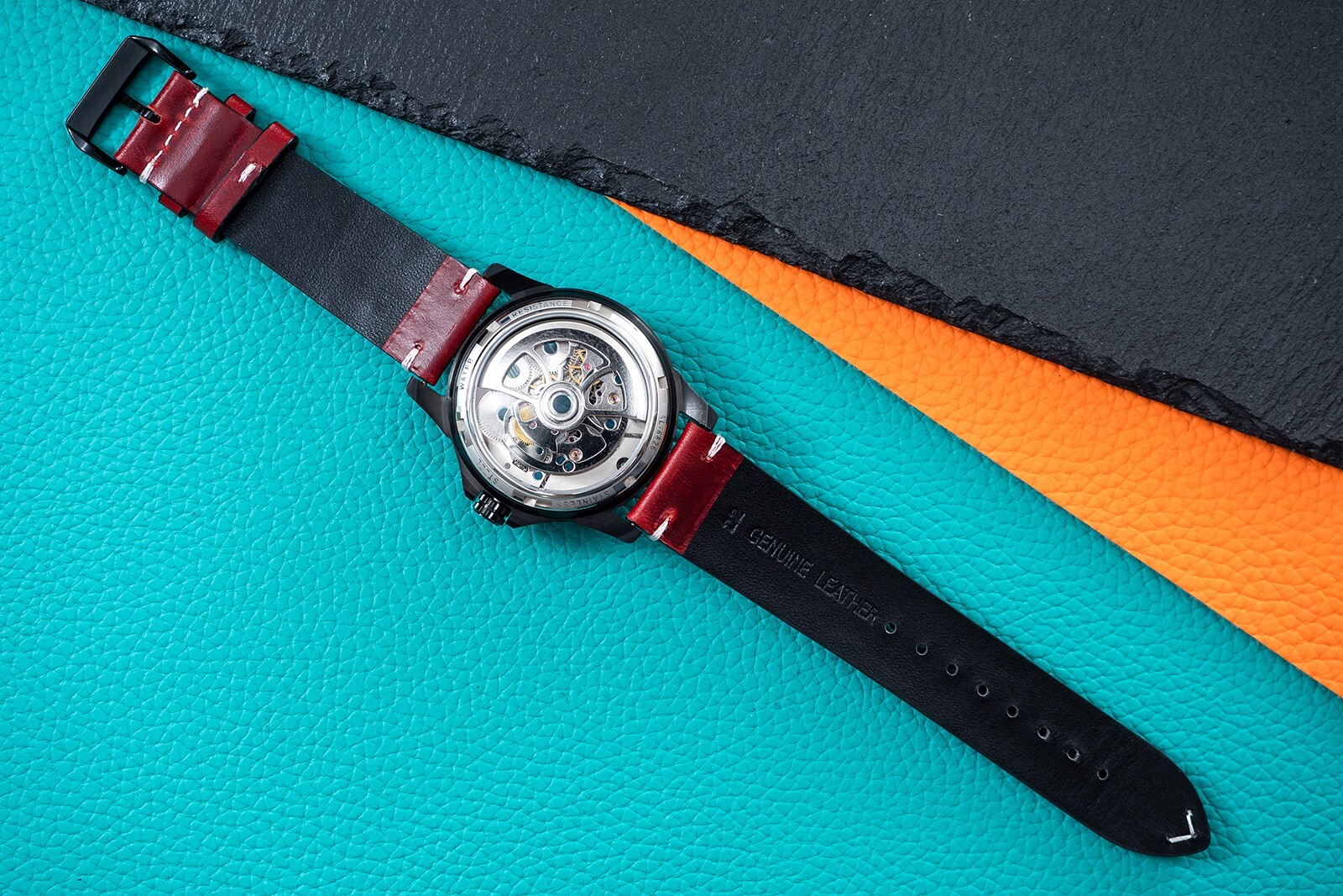Mens Black Double Flywheel Automatic Mechanical Watch Oil Waxed Dark Red Leather