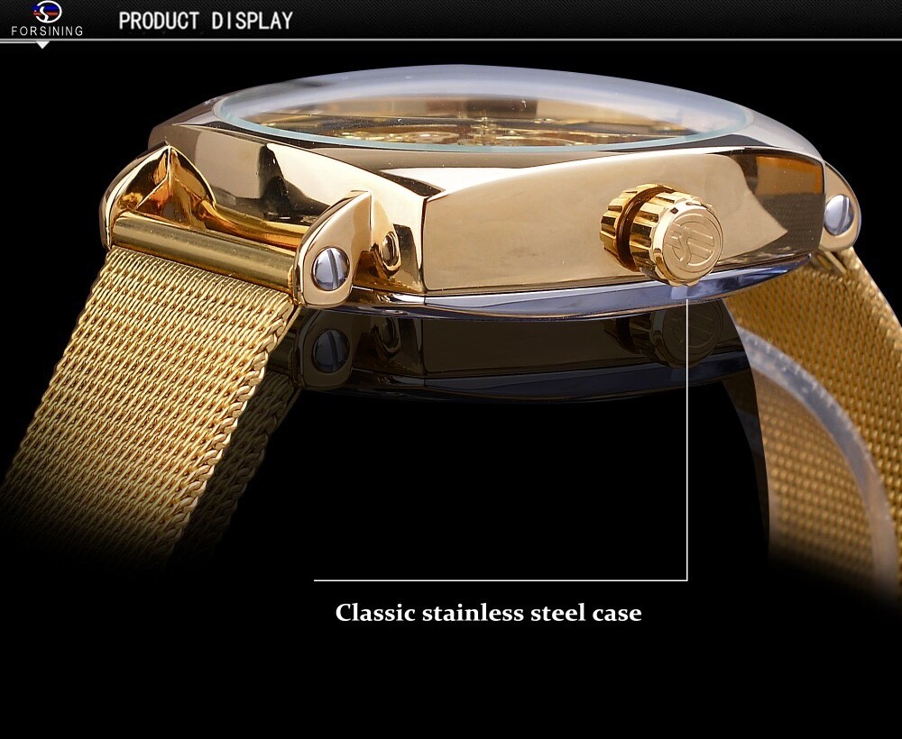 FORSINING Skeleton Transparent Mechanical Automatic Watch, Stainless Mesh Band