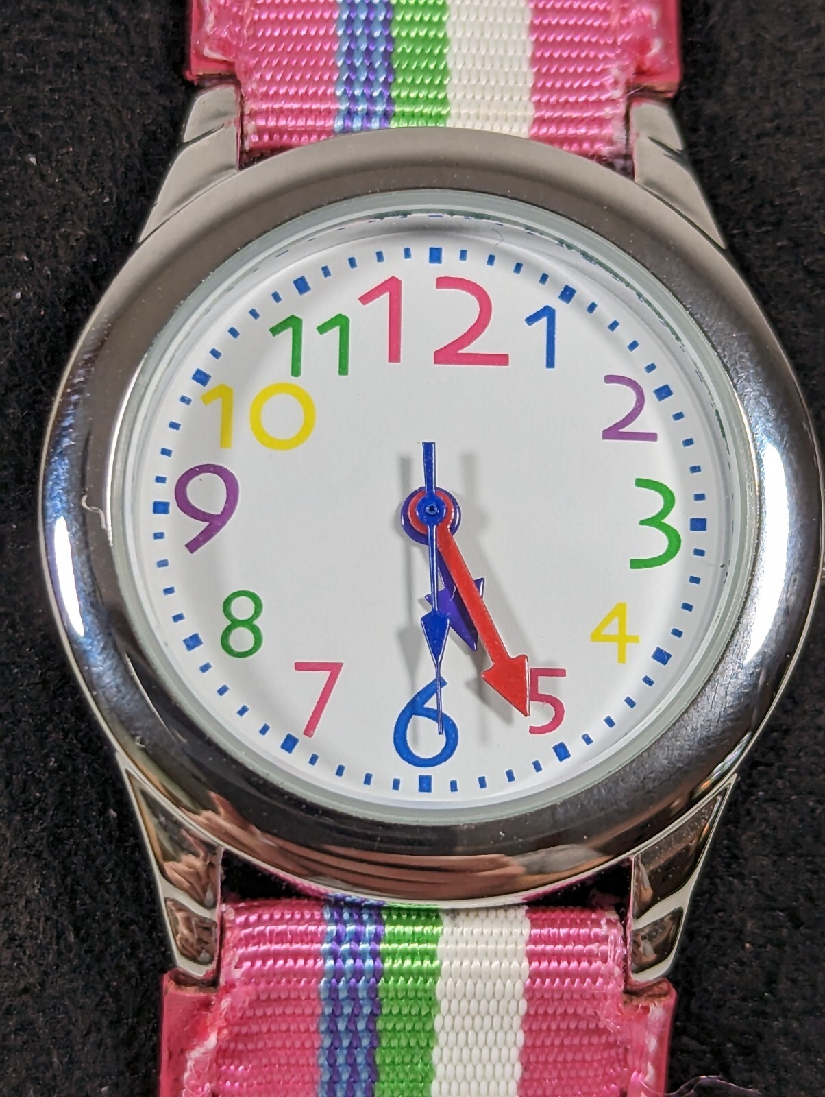 White Dial Round Silver Tone Case Pink White Green Blue Canvas Band Watch