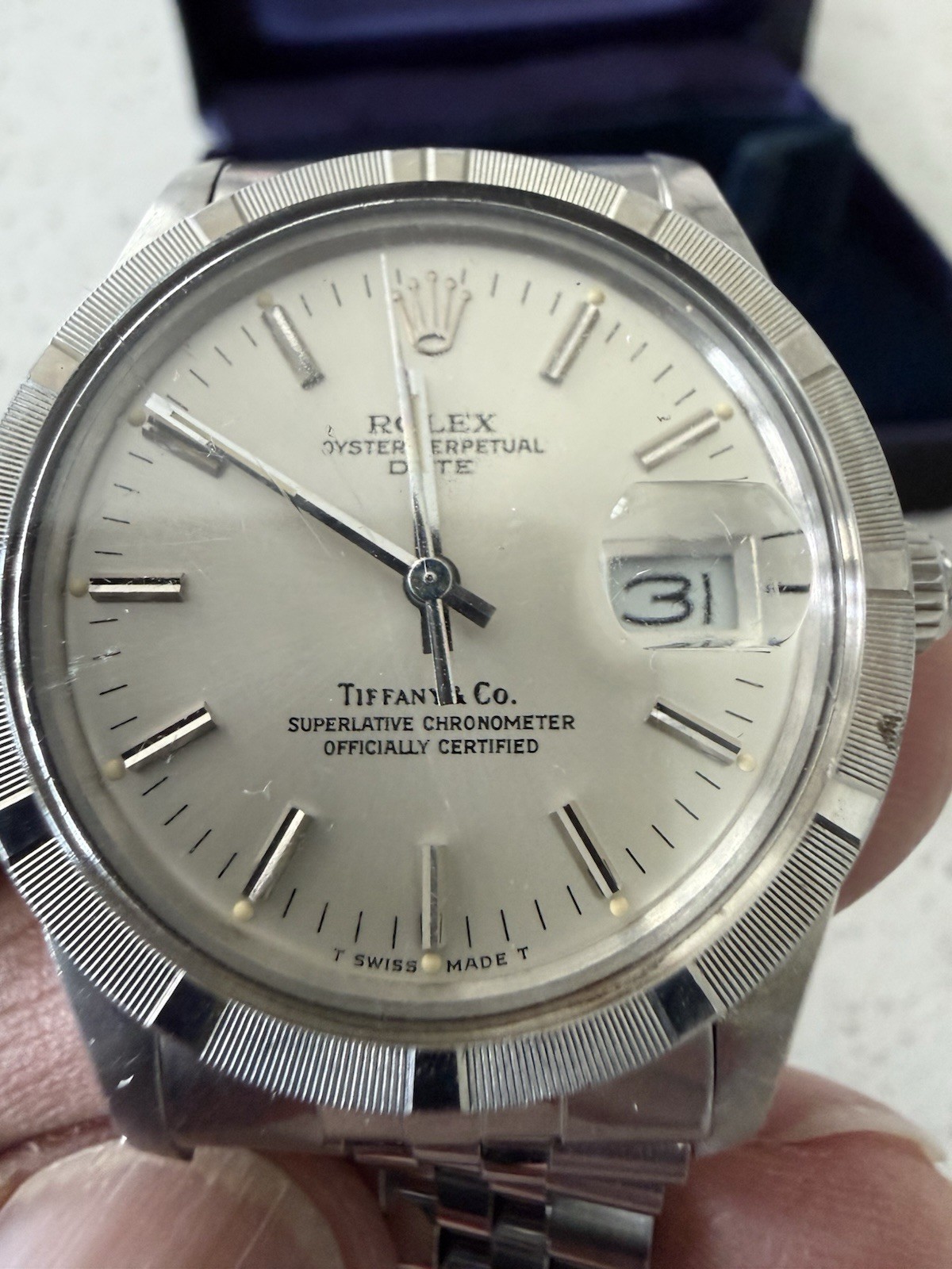 Rolex Oyster Perpetual Date Auto Date Stainless Steel Silver Tiffany Dial w/ Box