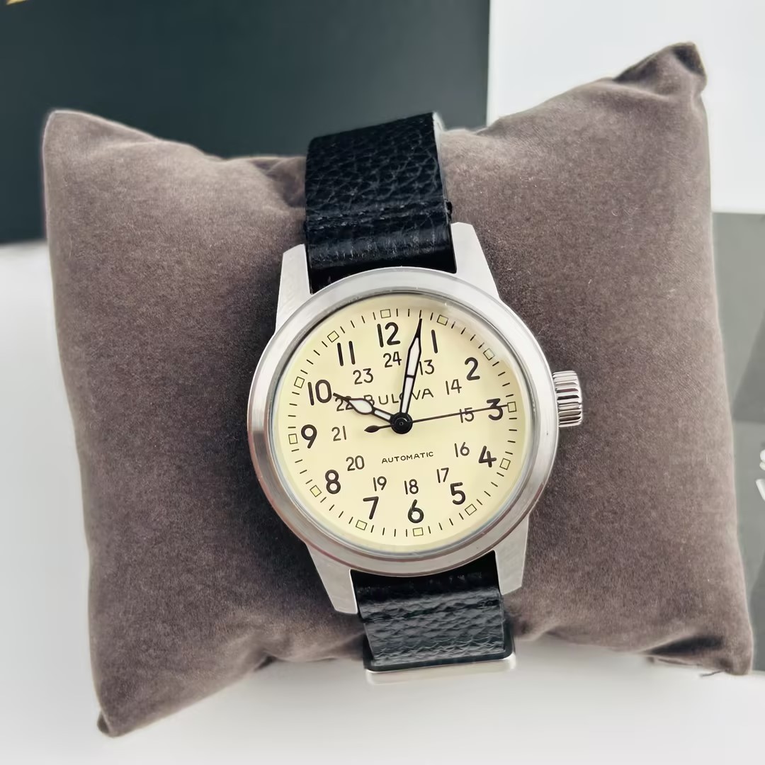 Bulova Hack 98A246 Ivory Dial Black Leather Strap Men’s Automatic Watch 38MM