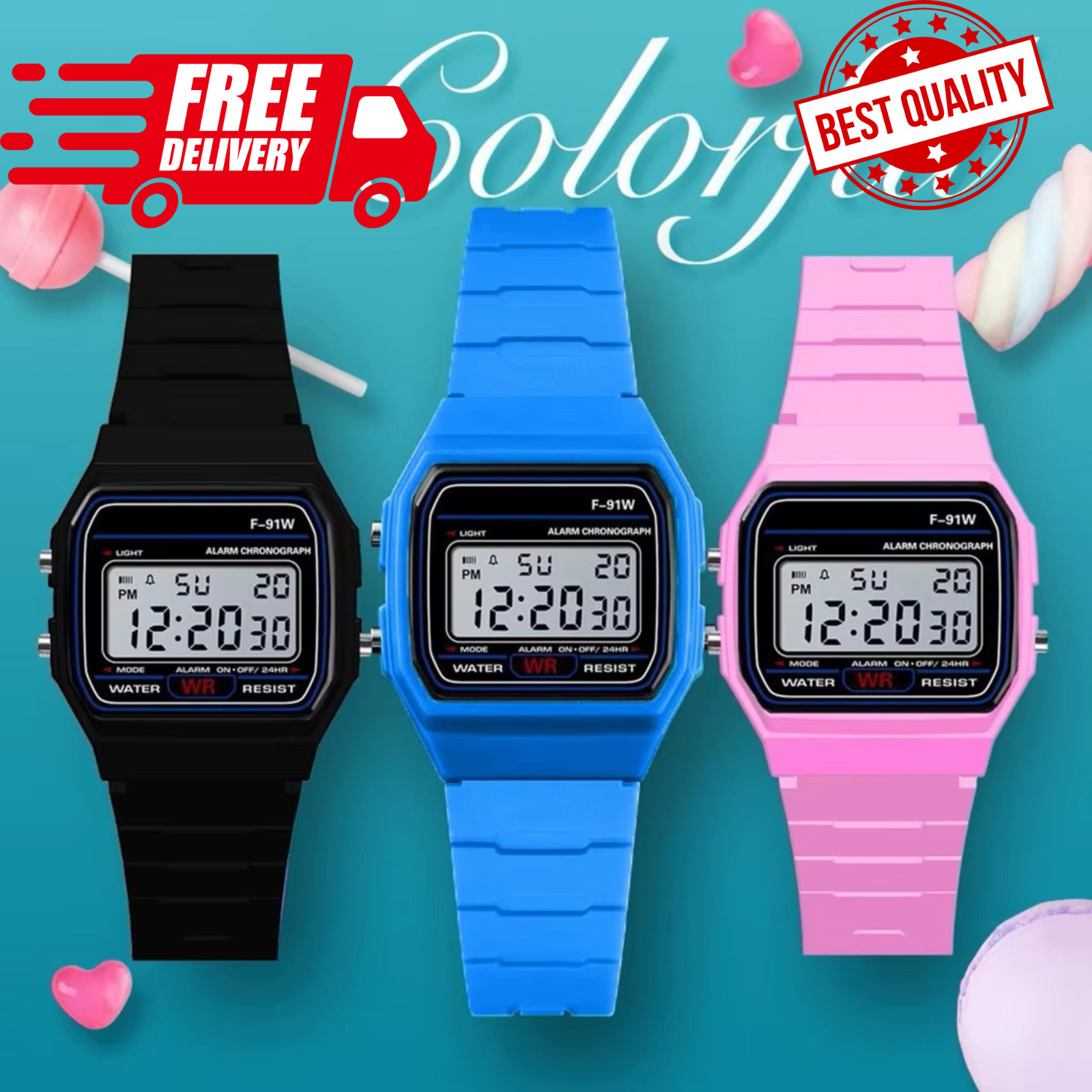 F91W Digital Watch Unisex Sports Resin Strap Alarm Stopwatch Casual Wrist Watch