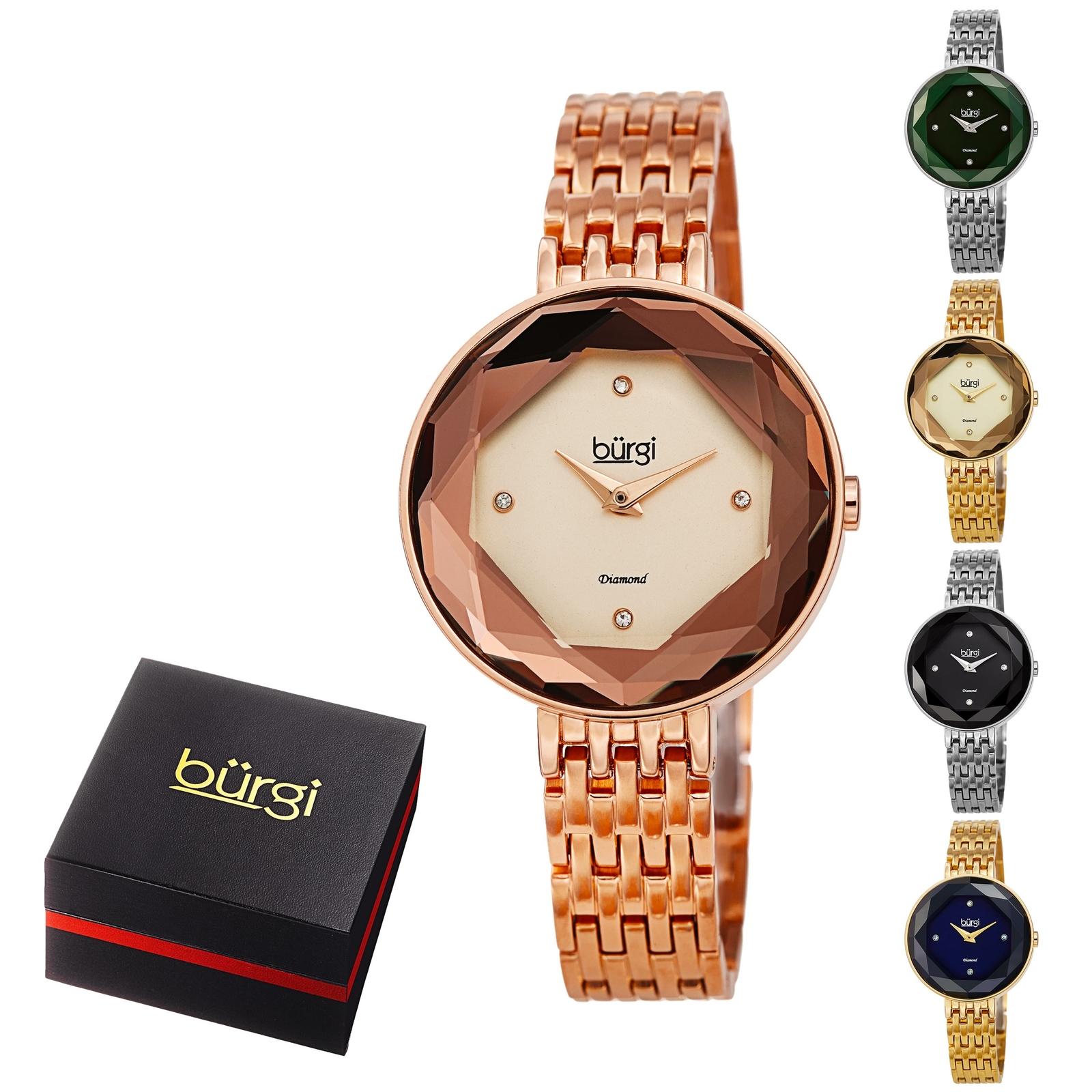 Women’s Burgi BUR53 Quartz Watch Faceted Crystal Diamond Markers Link Bracelet
