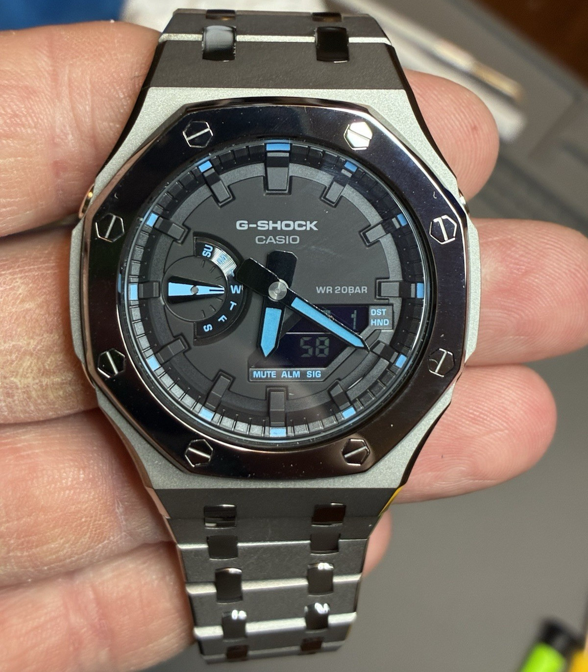 Casio G-SHOCK GA-2100-AP Gunmetal Mod With Blue Neon 100% Authentic. New