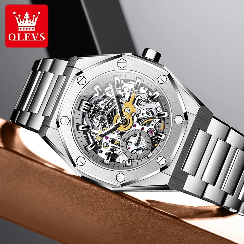 Automatic Mechanical Waterproof Luxury OLEVS Watch Men Skeleton Men’s Strap