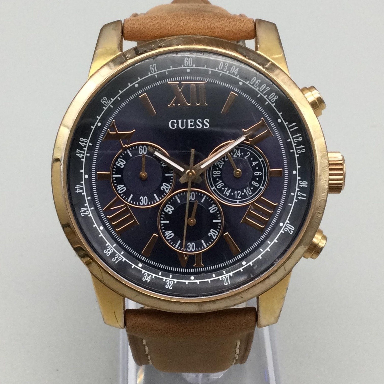 Guess Mens Watch 45mm Blue Dial Gold Tone W0580G5 Leather Strap New Battery
