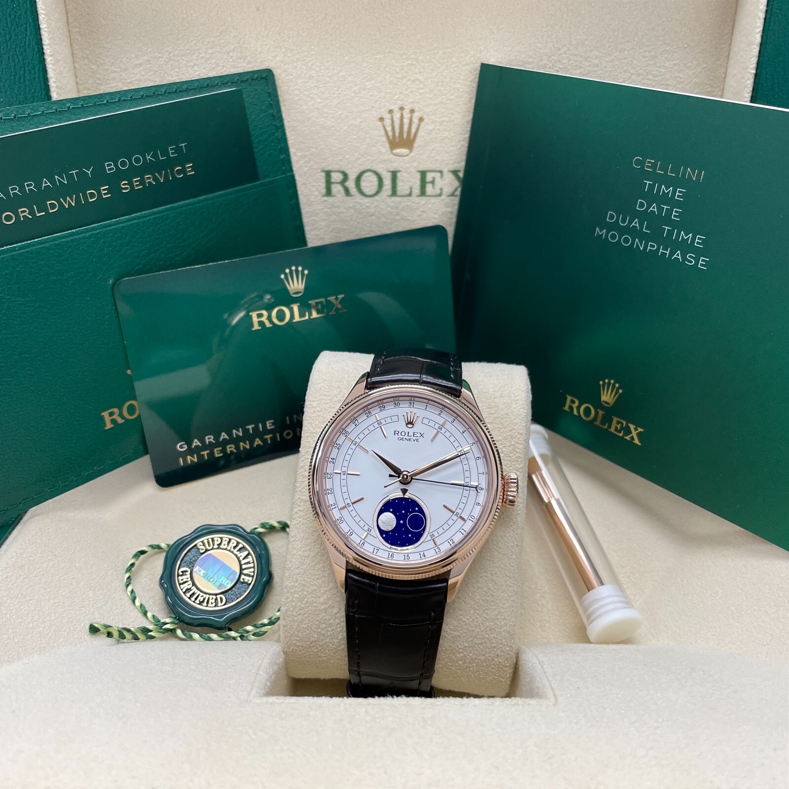 Rolex Cellini 50535 Moonphase 18K Rose Gold 39mm White Dial Black Leather Strap