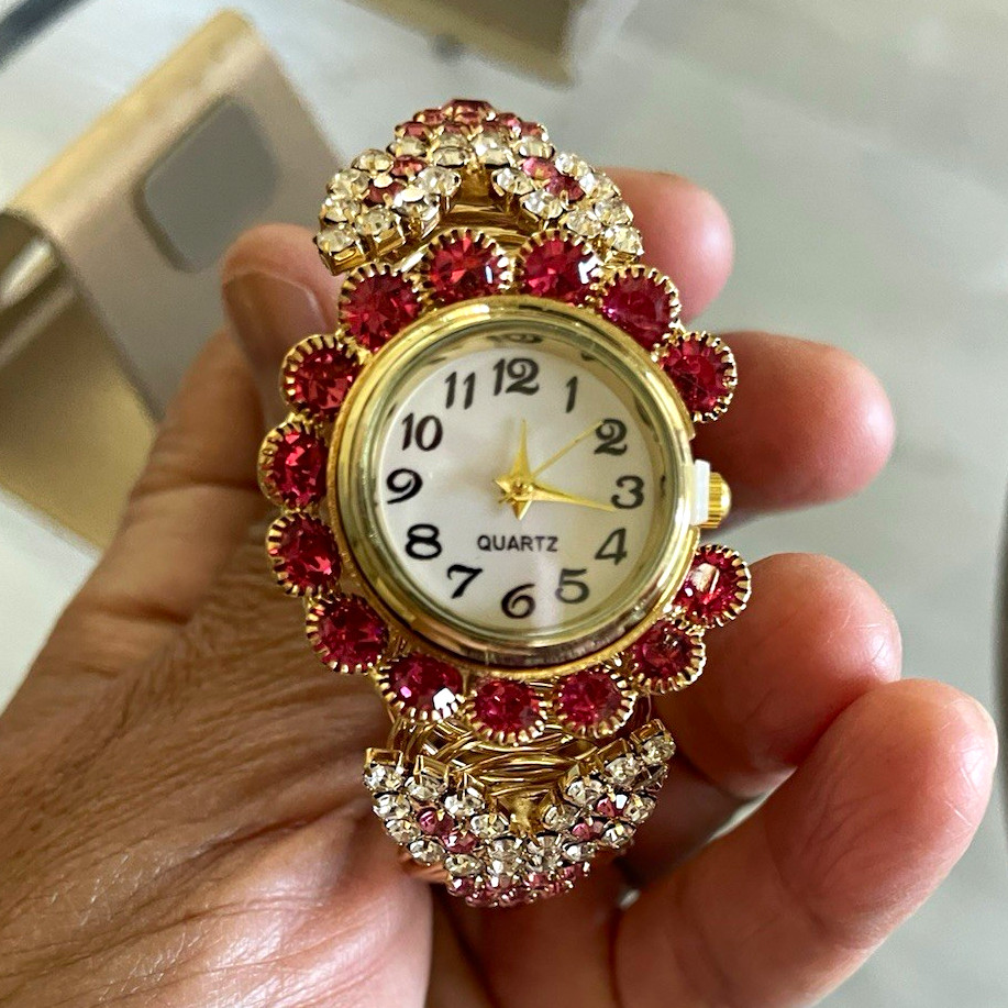 Women’s Quartz Analog Watch Gold Tone Metal Bracelet Red Gem-Set Bezel