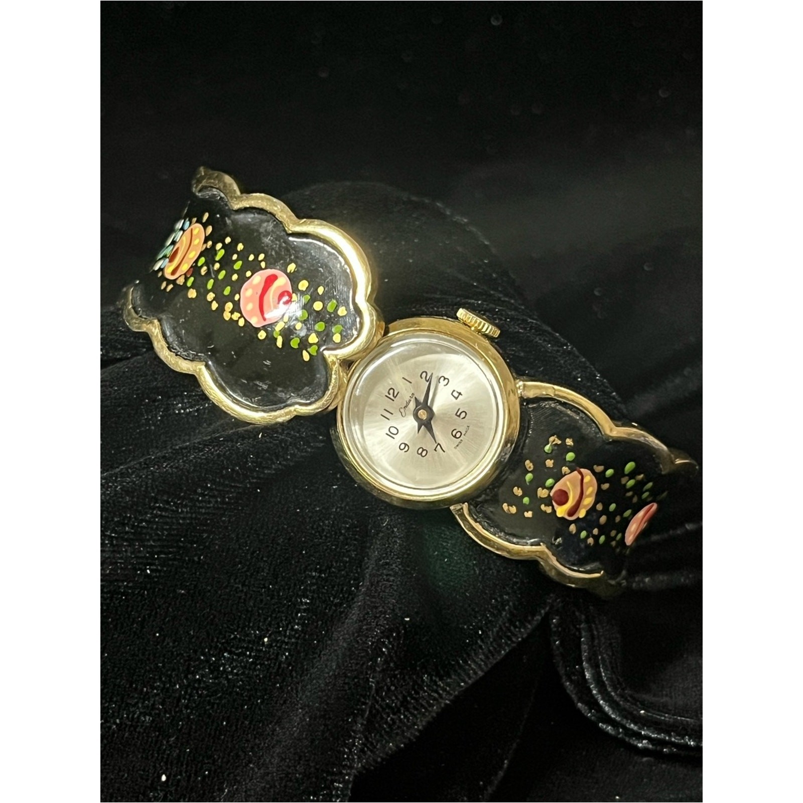 Endura Vintage Gold-Tone Black Floral Enamel Hinged Watch 1738