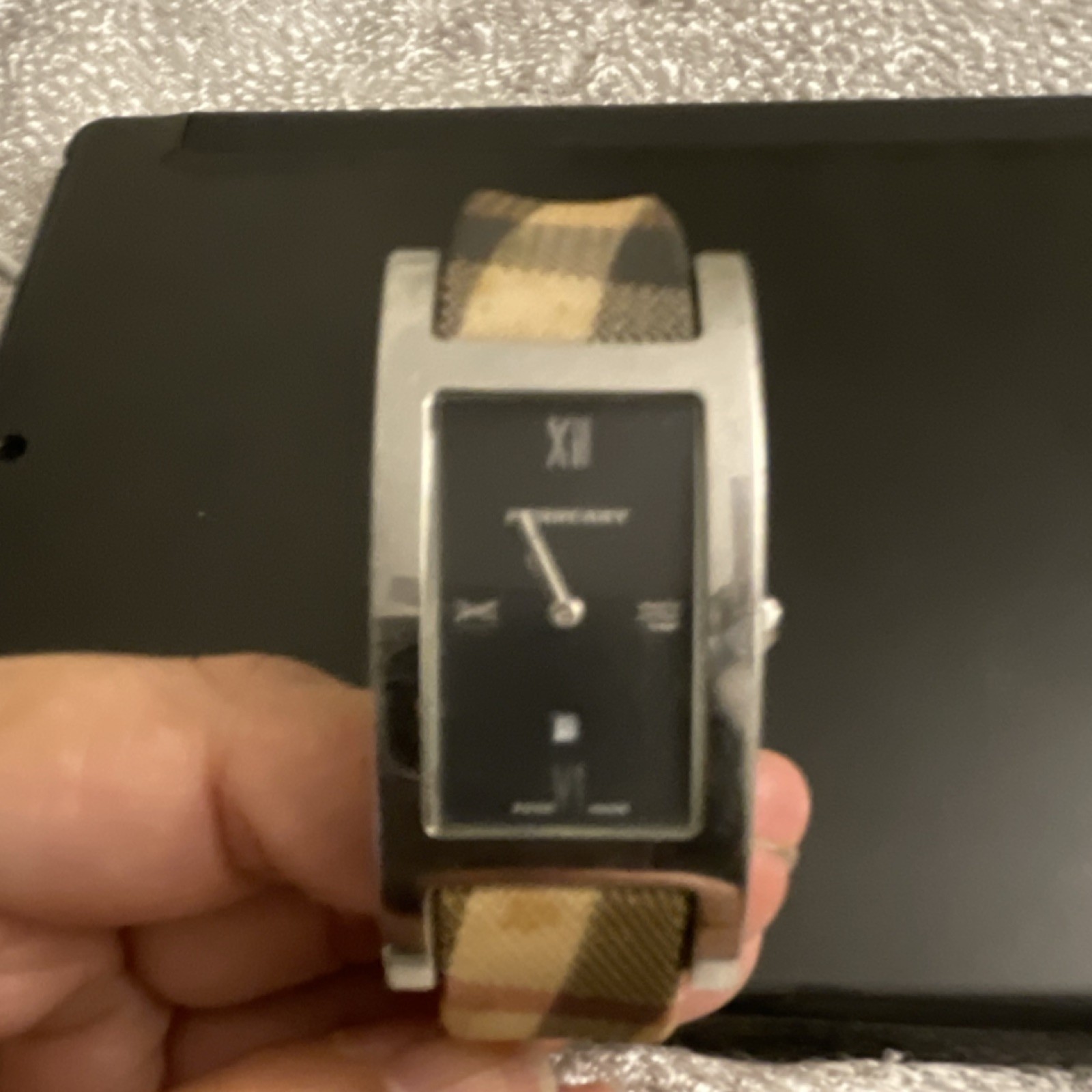 Burberry Nova Check Rectangle Quartz Wristwatch Fabric Strap Black Dial