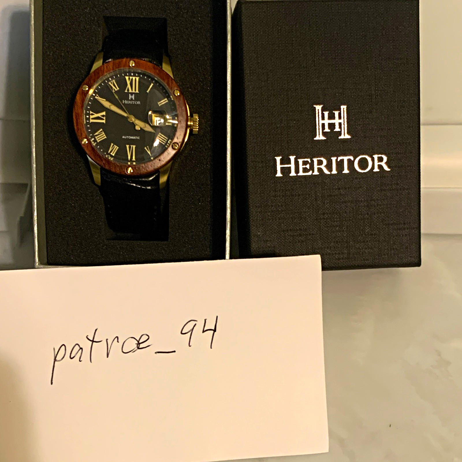 Heritor Automatic Men’s Watch Black Dial Roman Numerals Leather Strap Date Box