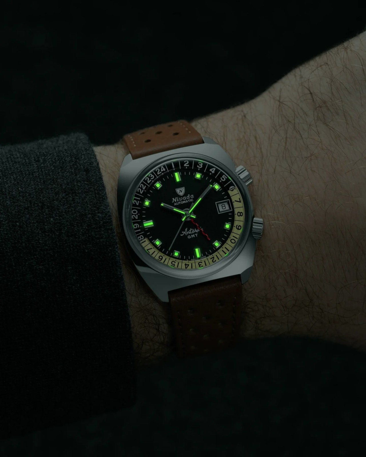 New Nivada Grenchen Antarctic GMT, Full Kit w/Case, Box, Papers, Tag