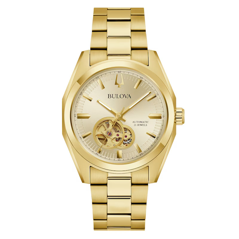 BRAND NEW Bulova Surveyor Auto Gold-tone Dial Open Heart Men’s Watch 97A182