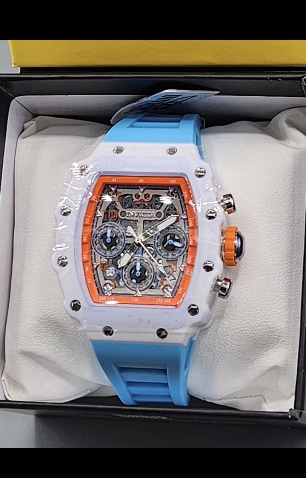Invicta Chronograph Date Tonneau Watch White Case Orange Bezel Blue Strap Box