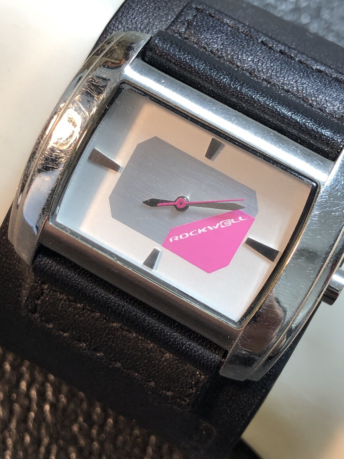 Rockwell Time Women’s Signature Rectangle Stainless Watch Black Leather Band