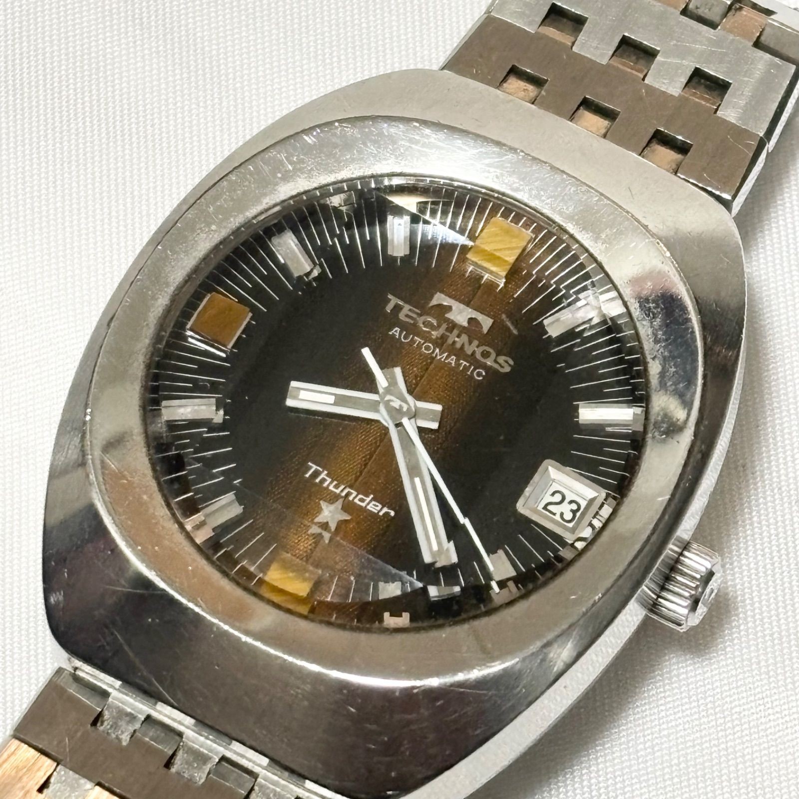 Technos Thunder Automatic Date Watch Black Dial Silver Bracelet Vintage