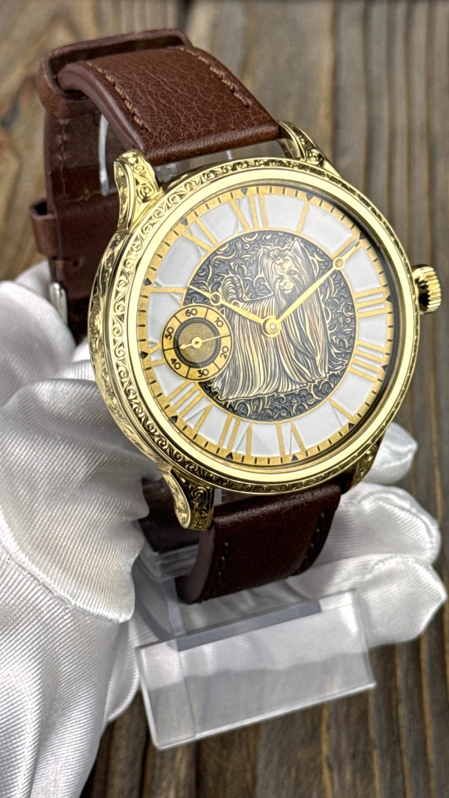 Marriage Watch – Swiss Vintage Movement 49mm, Hand Engraved Custom Gold Dial Dog