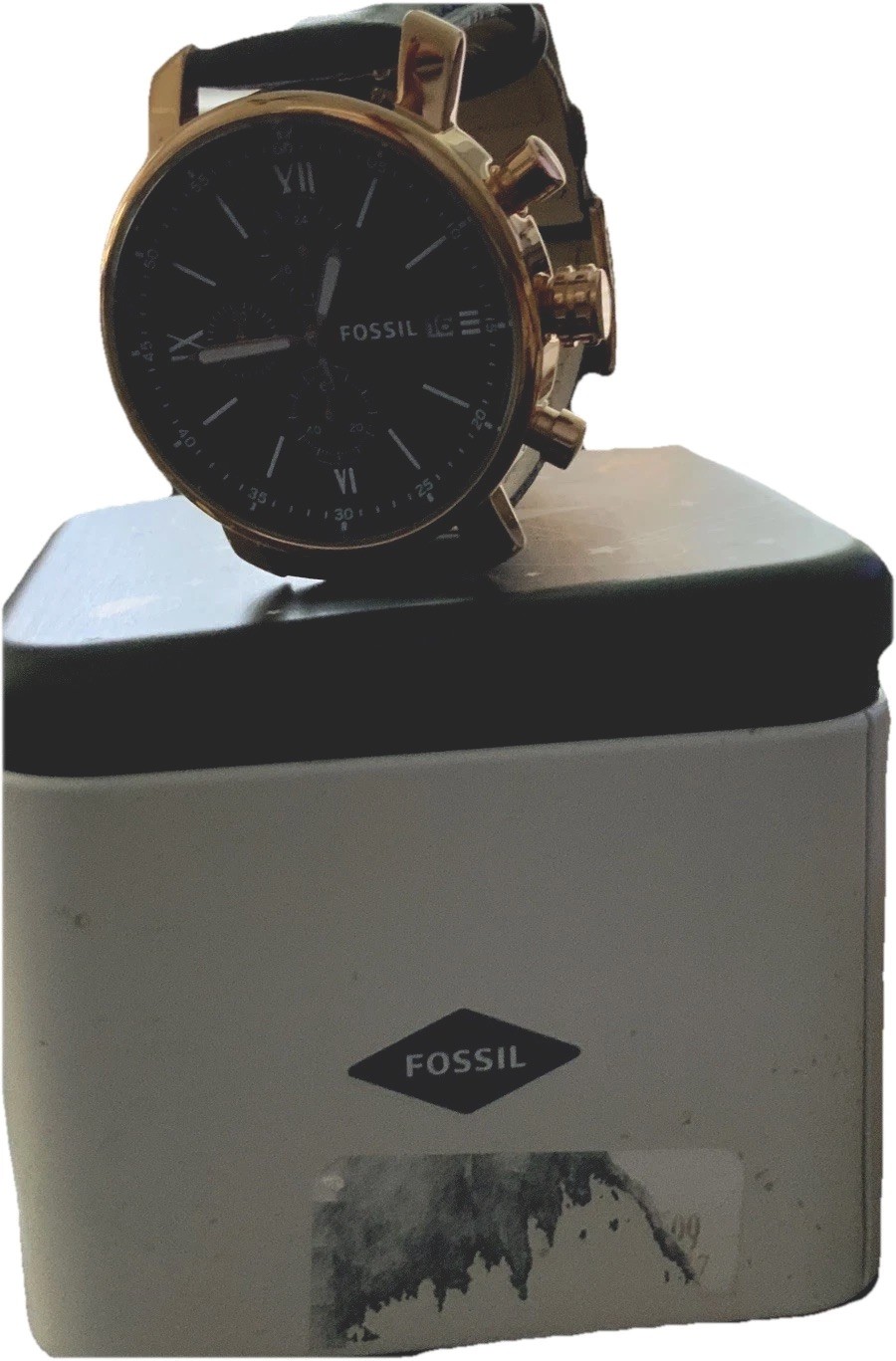 Fossil Mens Quartz Chronograph Date Watch Black Dial Gold Case Black Leather