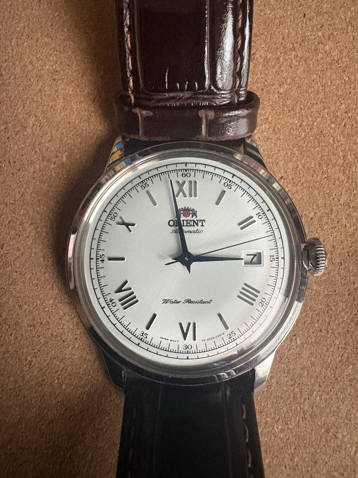 Orient Bambino Automatic Watch White Dial, Blue Hands, Brown Leather Strap Date