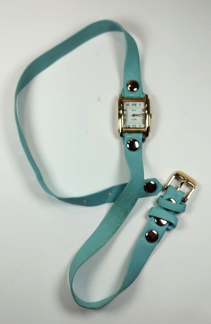 LA MER WOMENS WATCH UNIQUE TEAL WRAP AROUND LEATHER STRAP; GOLD CASE WORKS!