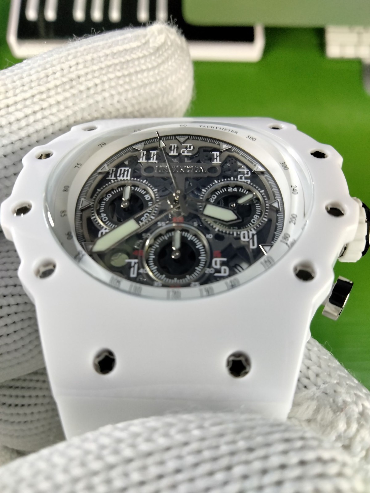 Invicta Racing 69668 Men White Skeleton Silver Dial Silicone Quartz Watch 43.5mm