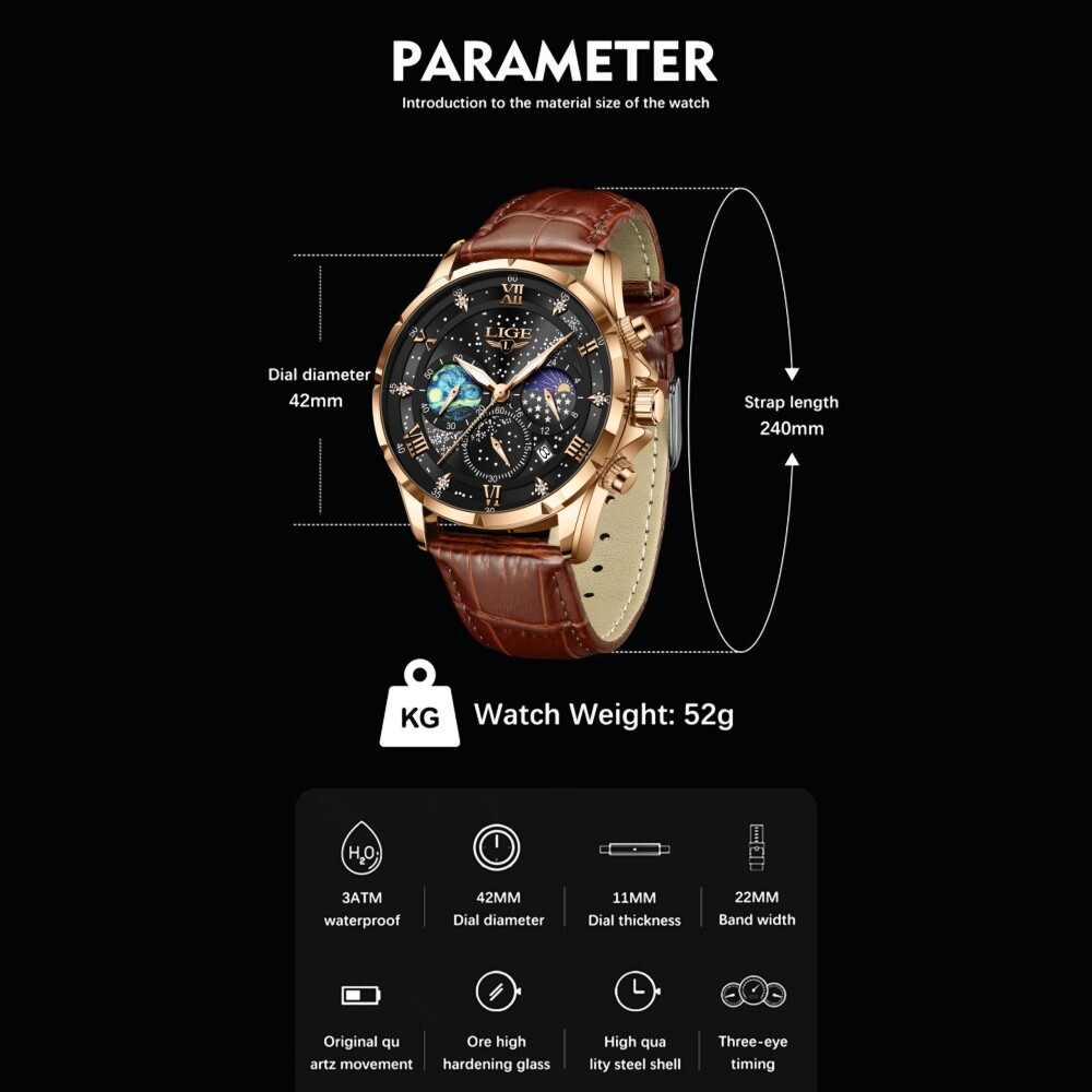 LIGE Men Watch Quartz Date Moonphase Waterproof Luminous Sport Casual Wristwatch