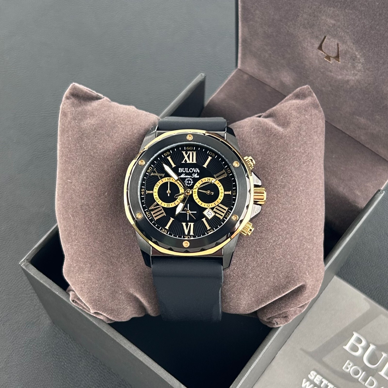 Bulova Marine Star Men’s Black Dial Black Rubber Strap 44mm Quartz Watch 98B278