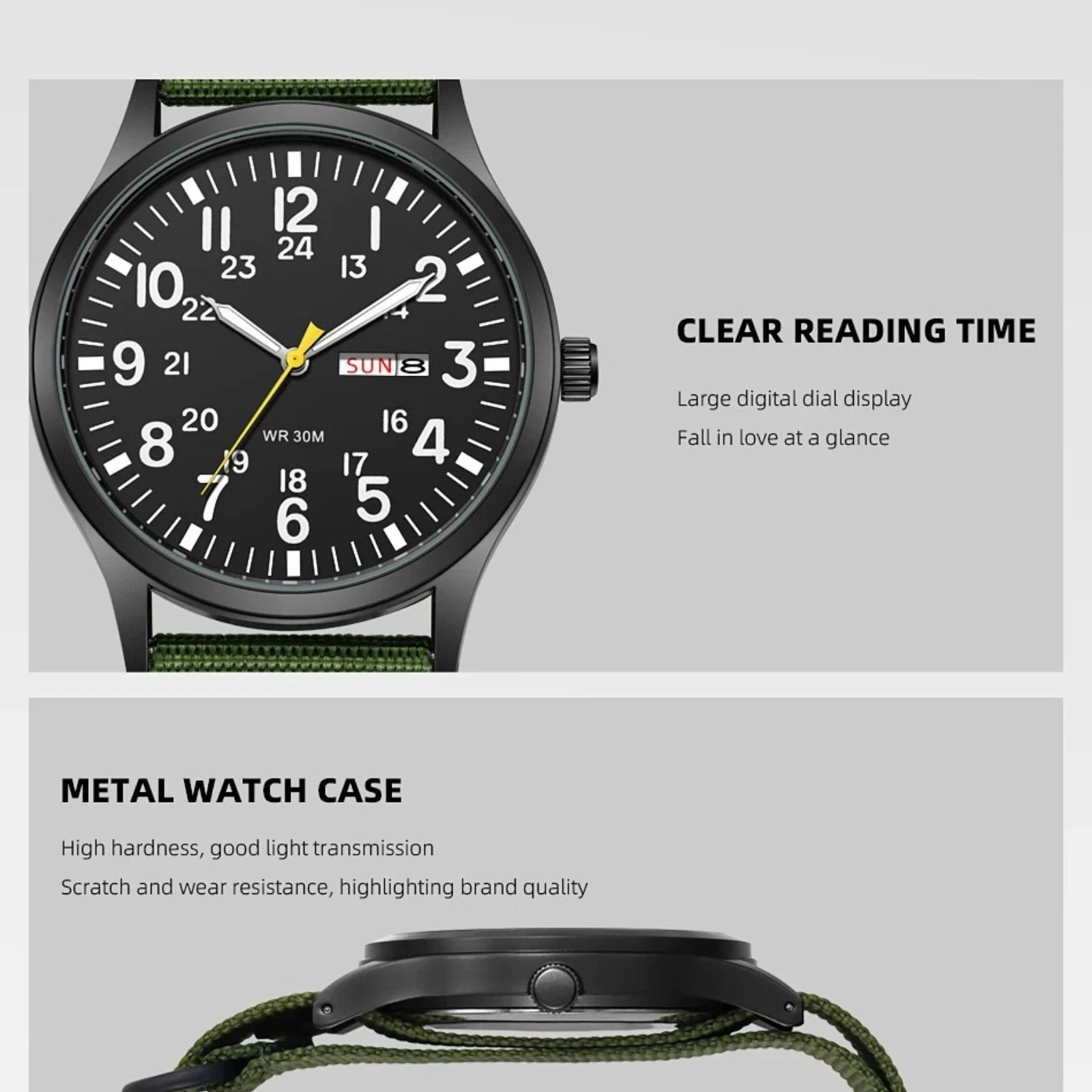 Durable Field Watch Easy Read Dial 24H Display Nylon Strap Quartz Movement