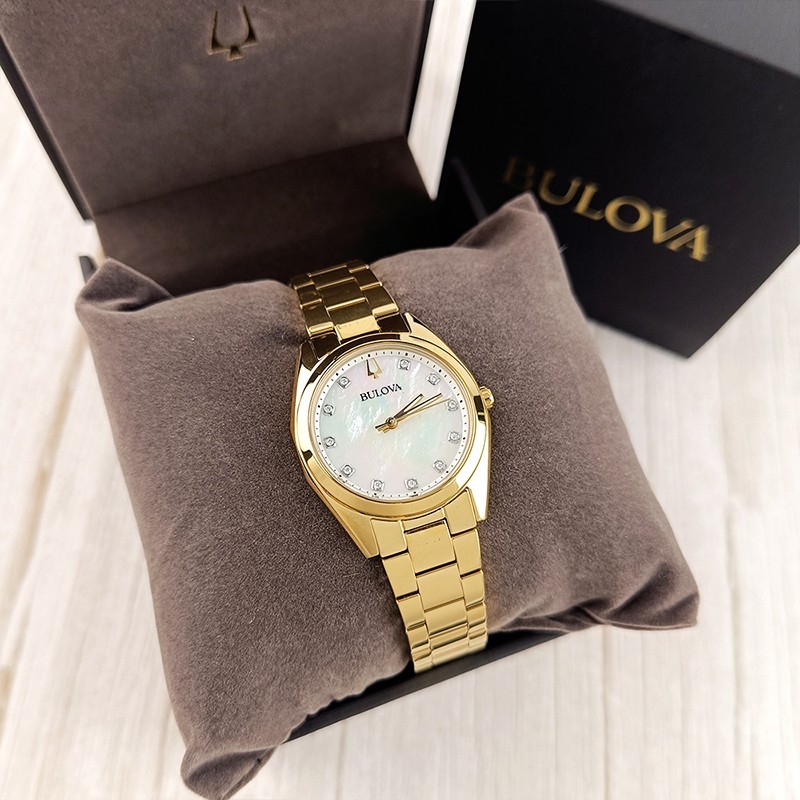 Bulova Surveyor 97P172 Gold/White Dial Women Quartz Diamonds Watch 31mm